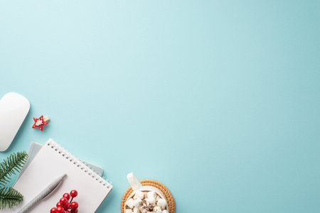 New year concept. Top view photo of workplace computer mouse cup of cocoa with marshmallow on placemat planner mistletoe decorative clip fir branch on isolated pastel blue background with copyspaceの写真素材