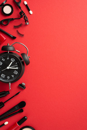Black friday concept. Top view vertical photo of alarm clock mascara false eyelashes eyeshadow applicator lashes curler lip gloss barrette and brushes on isolated red background with copyspaceの写真素材