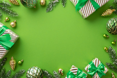 christmas concept. Top view photo of gift boxes with bows gold and green baubles pine cone ornaments and fir branches in hoarfrost on isolated green background with empty space in the middleの写真素材