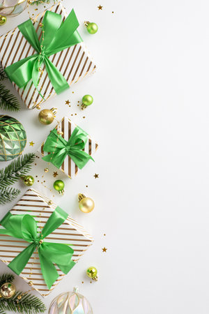 Christmas tree decoration concept. Top view vertical photo of gift boxes with bows gold green baubles balls pine branches and shiny confetti on isolated white backgroundの写真素材