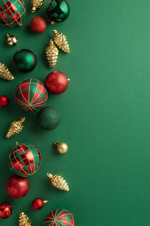 Christmas tree decoration concept. Top view vertical photo of pine cone ornaments gold green and red baubles balls on isolated green backgroundの写真素材