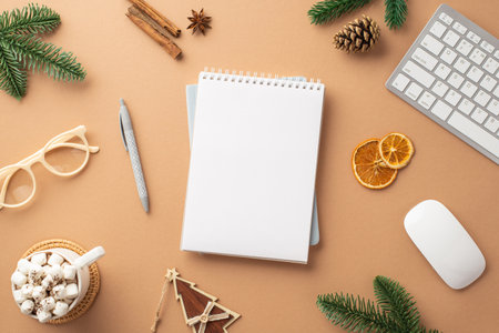 Top view photo of planner keyboard computer mouse fir wood ornament cup of hot drinking glasses pine cone branches cinnamon sticks and dried orange slices on isolated beige background with copyspaceの写真素材