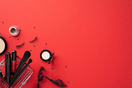 Black friday sales concept. Top view photo of shopping cart cosmetics lip gloss mascara false lashes eyeshadow brushes eyebrow gel eyelashes curler confetti on isolated red background with empty spaceの写真素材