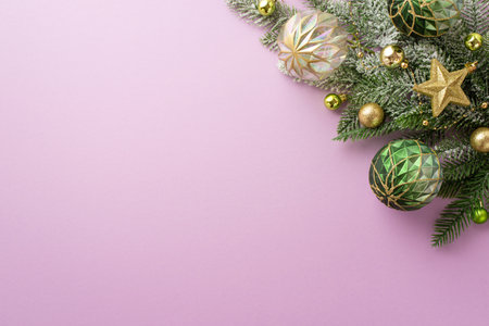 Christmas Eve concept. Top view photo of pine branch decorated with star ornament transparent gold and green baubles on isolated pastel violet background with copyspaceの写真素材