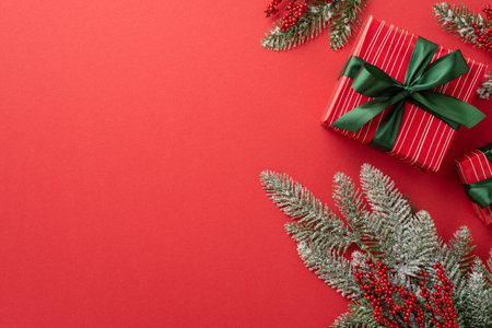 Winter holidays concept. Top view photo of christmas tree branches in hoarfrost mistletoe berries and present boxes with ribbon bows on isolated red background with empty spaceの写真素材