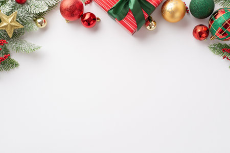 christmas concept. Top view photo of red green and gold baubles star ornament giftbox with ribbon bow mistletoe berries and pine branch in snow on isolated white background with empty spaceの写真素材