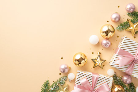 New year atmosphere concept. Top view photo of present boxes with ribbon bows gold and pink baubles star ornaments fir branches in snow and confetti on isolated light beige background with blank spaceの写真素材