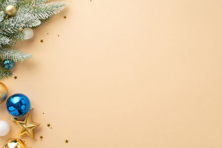 Christmas Eve concept. Top view photo of pine branch in snow star ornament white blue gold baubles and confetti on isolated beige background with blank spaceの写真素材