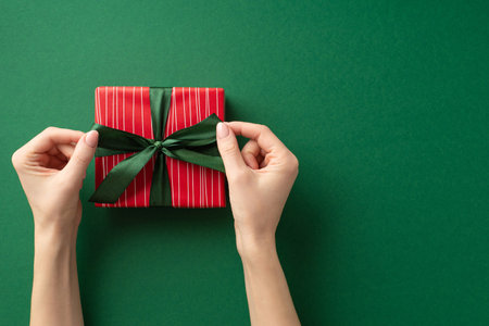Christmas Eve concept. First person top view photo of young female hands tying ribbon bow on red giftbox on isolated green background with empty spaceの写真素材