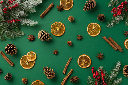 Christmas decoration concept. Top view photo of dried orange slices anise cinnamon sticks pine cones mistletoe berries and fir branches in snow on isolated green backgroundの写真素材