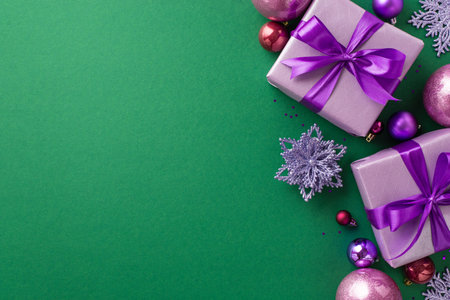 New year concept. Top view photo of purple present boxes with violet ribbon bows pink and lilac baubles flower snowflake ornaments and sequins on isolated green background with copyspaceの写真素材