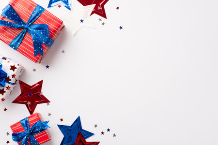 USA Independence Day concept. Top view photo of present boxes in national flag colors star garland and confetti on isolated white background with copyspaceの写真素材