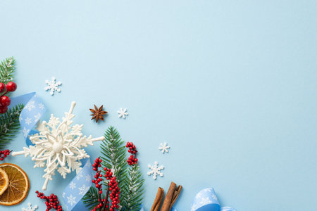 Christmas day concept. Top view photo of spruce branches big snowflake ornament mistletoe berries curly ribbon dried citrus slices and cinnamon sticks on isolated light blue background with copyspaceの写真素材