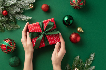 Christmas Eve concept. First person top view photo of woman's hands holding red gift box with ribbon bow over green gold red baubles balls and pine branches in frost on isolated green backgroundの写真素材