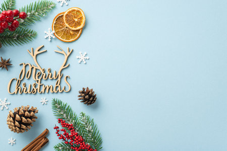 Top view photo of merry christmas wooden text mistletoe berries pine cones fir branches anise dried...
