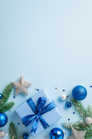 christmas concept. Top view vertical photo of blue white baubles stylish giftbox with ribbon bow glowing star ornaments pine branches and confetti on isolated light blue background with copyspaceの写真素材