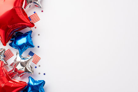 Forth of July celebration concept. Top view photo of red white blue balloons national flags and star shaped confetti on isolated white background with empty spaceの写真素材