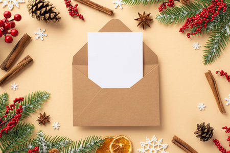 christmas concept. Top view photo of open envelope with card pine cones dried orange slices cinnamon sticks fir branches mistletoe berries snowflakes on isolated beige background with empty spaceの写真素材