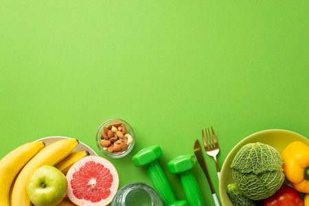 Proper diet concept. Top view photo of plates with fruits and vegetables nuts cutlery glass of water and dumbbells on isolated green background with copyspaceの写真素材