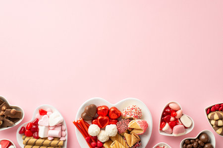 Valentine's Day celebration concept. Top view photo of heart shaped saucers with chocolate jelly candies and cookies on isolated light pink background with blank spaceの写真素材