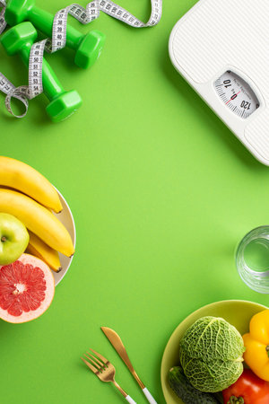 Proper nutrition concept. Top view vertical photo of pates with fruits and vegetables cutlery glass of water scales dumbbells and tape measure on isolated green background with copyspaceの写真素材