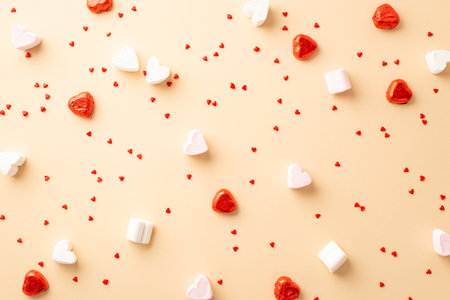 Valentine's Day atmosphere concept. Top view photo of confectionery heart shaped candies and confetti on isolated beige backgroundの写真素材
