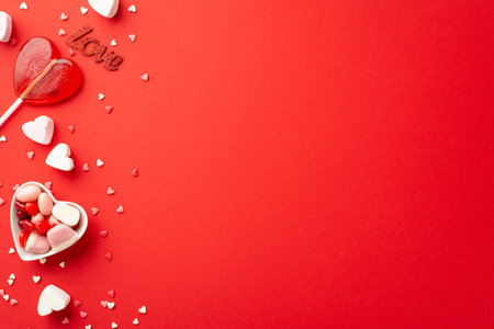 Valentine's Day celebration concept. Top view photo of heart shaped saucer with jelly candies...