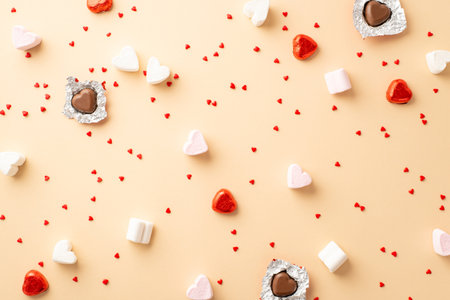 Valentine's day concept. Top view photo of heart shaped chocolate candies and confetti on isolated beige backgroundの写真素材