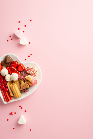 Valentine's day concept. Top view vertical photo of heart shaped saucer with sweets cookies chocolate and jelly candies on isolated pastel pink background with copyspaceの写真素材