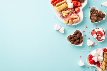 Valentine's day mood concept. Top view photo of heart shaped plates with sweets cookies chocolate jelly candies and confetti on isolated light blue background with blank spaceの写真素材