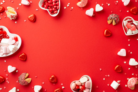 Valentine's Day celebration concept. Top view photo of heart shaped dishes with sweets chocolate jelly candies cookies and confetti on isolated red background with copyspace in the middleの写真素材