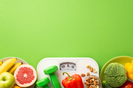Slimming concept. Top view photo of plates with fruits and vegetables grapefruit apple bananas...