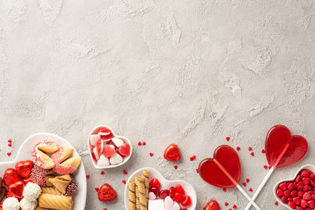 Valentine's day concept. Top view photo of heart shaped plates with sweets chocolate jelly candies cookies lollipops and confetti on concrete texture background with empty spaceの写真素材