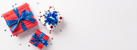 USA Independence Day celebration concept. Top panoramic view photo of present boxes with ribbon bows...
