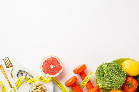 weight loss concept. Top view photo of fruits vegetables grapefruit cabbage lemon tomato nuts scales cutlery dumbbells and tape measure on isolated white background with copyspaceの写真素材