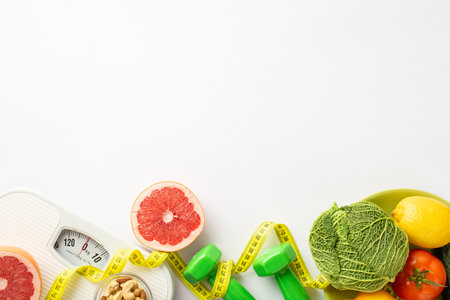 Slimming concept. Top view photo of grapefruit cabbage lemon tomato nuts scales dumbbells and tape measure on isolated white background with copyspaceの写真素材