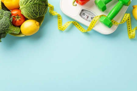 Slimming concept. Top view photo of plate with vegetables cabbage lemons cauliflower tomato dumbbells scales and tape measure on isolated pastel blue background with copyspaceの写真素材
