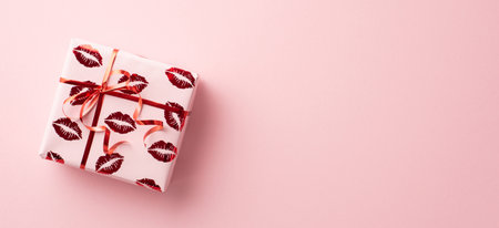 Valentine's day concept. Top view photo of giftbox in wrapping paper with kiss lips pattern on...
