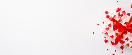 Valentine's day concept. Top view photo of giftbox in wrapping paper with heart pattern and sprinkles on isolated white background with copyspaceの写真素材