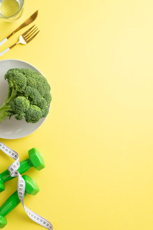 Slimming concept. Top view vertical photo of plate with cauliflower glass of water measuring tape cutlery and dumbbells on isolated pastel yellow background with copyspaceの写真素材