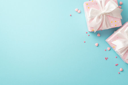 Valentine's day concept. Top view photo of pastel pink gift boxes with white ribbon bows and heart shaped sprinkles on isolated light blue background with blank spaceの写真素材
