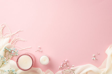 hello spring concept. Top view photo of candles in glass holders gypsophila flowers and white soft plaid on isolated pastel pink background with copyspaceの写真素材