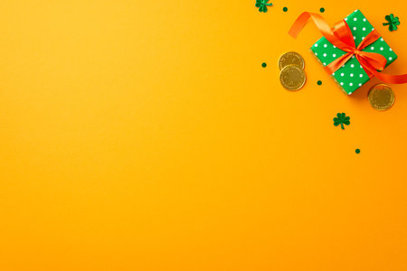Saint Patrick's Day concept. Top view photo of small green giftbox with orange ribbon bow gold coins and shamrock shaped confetti on isolated yellow background with copyspaceの写真素材