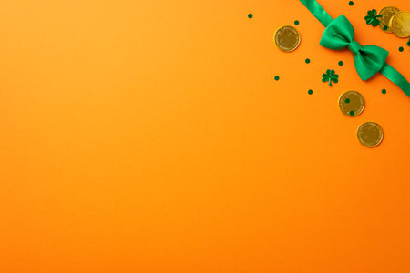 Saint Patrick's Day concept. Top view photo of green bow-tie gold coins and trefoil shaped confetti on isolated orange background with copyspaceの写真素材