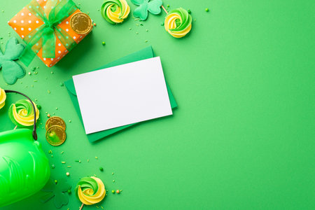 Saint Patrick's Day concept. Top view photo of envelope paper card small giftbox with bow pot with meringue lollipops sprinkles gold coins and clovers on isolated green background with empty spaceの写真素材