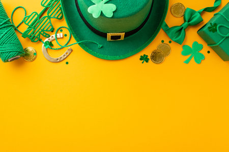 Top view photo of leprechaun cap present box clover shaped party glasses spool of twine bow-tie gold coins shamrocks horseshoe and confetti on isolated yellow background with empty spaceの写真素材