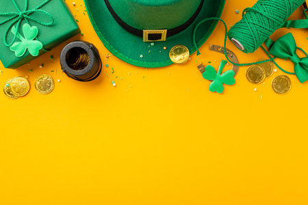 Saint Patrick's Day concept. Top view photo of leprechaun hat giftbox spool of twine bow-tie pot with gold coins trefoils horseshoe and sprinkles on isolated yellow background with copyspaceの写真素材