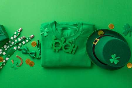 Saint Patrick's Day concept. Top view photo of green shirt irish party glasses leprechaun hat suspenders bow-tie giftbox horseshoe gold coins and shamrocks on isolated green backgroundの写真素材
