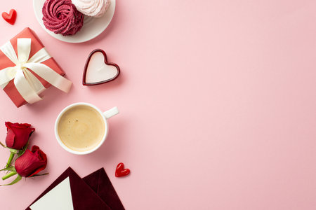 Saint Valentine's Day concept. Top view photo of red giftbox with ribbon bow envelopes plate with meringue cup of coffee hearts candle and red roses on isolated pastel pink background with copyspaceの写真素材