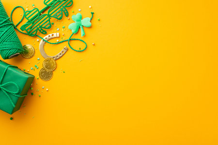 Saint Patrick's Day concept. Top view photo of giftbox gold coins clover shaped party glasses shamrocks horseshoe spool of twine and sprinkles on isolated yellow background with empty spaceの写真素材